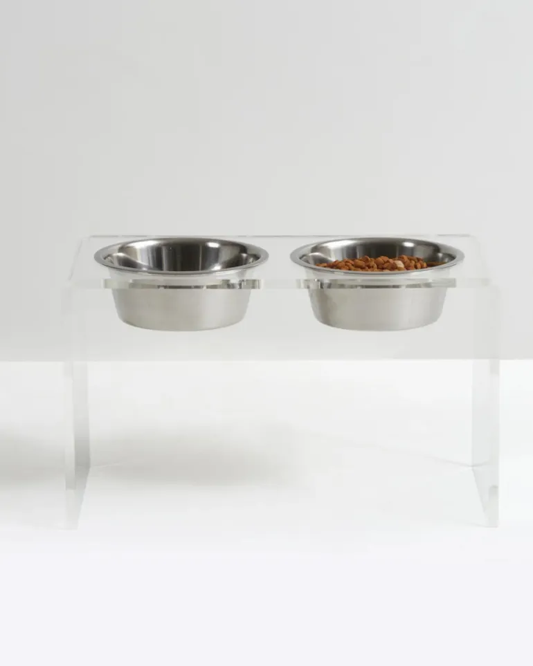 Clear Lucite Double Bowl Pet Feeder (Made in the USA) (Direct-Ship)