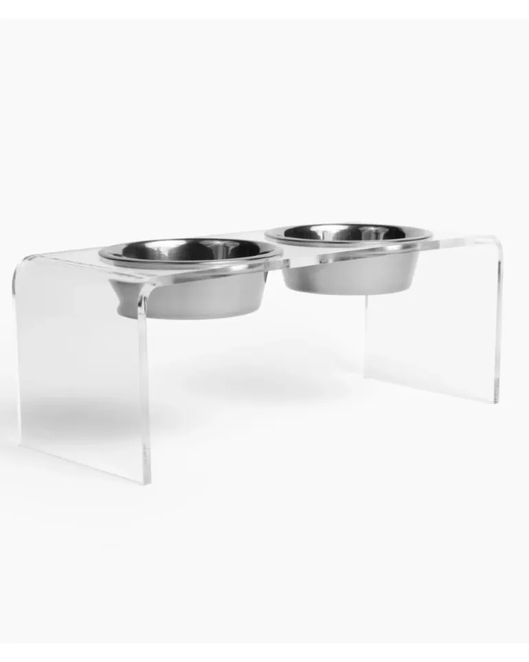 Clear Lucite Double Bowl Pet Feeder (Made in the USA) (Direct-Ship)