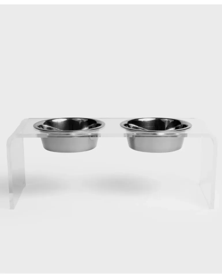 Clear Lucite Double Bowl Pet Feeder (Made in the USA) (Direct-Ship)