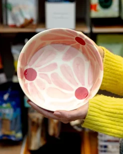 Handmade Ceramic Dog Bowl in Pink & Red Retro Flower (Made in the USA)