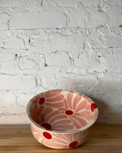 Handmade Ceramic Dog Bowl in Pink & Red Retro Flower (Made in the USA)