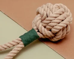 Monkey Fist Rope Dog Toy in Tan with Forest Green Whipping (Made in the USA)