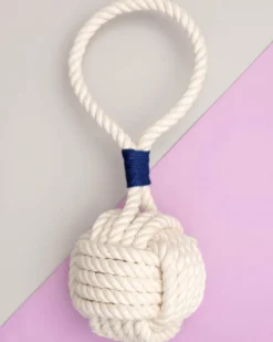 Monkey Fist Rope Dog Toy in White with Navy Whipping (Made in the USA)
