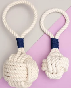 Monkey Fist Rope Dog Toy in White with Navy Whipping (Made in the USA)