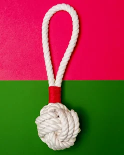 Monkey Fist Rope Dog Toy in White with Red Whipping (Made in the USA)