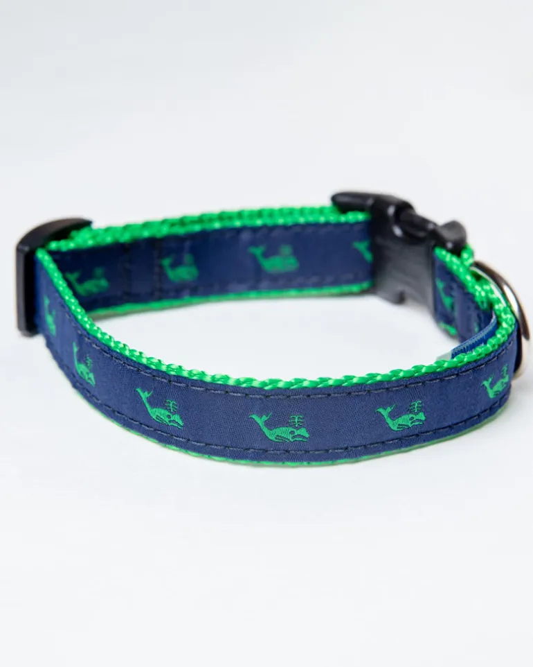 Navy + Green Whale Adjustable Dog Collar (Made in the USA)