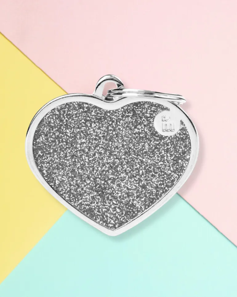 Silver Glitter Heart Custom Pet ID Tag