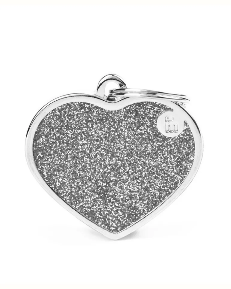 Silver Glitter Heart Custom Pet ID Tag