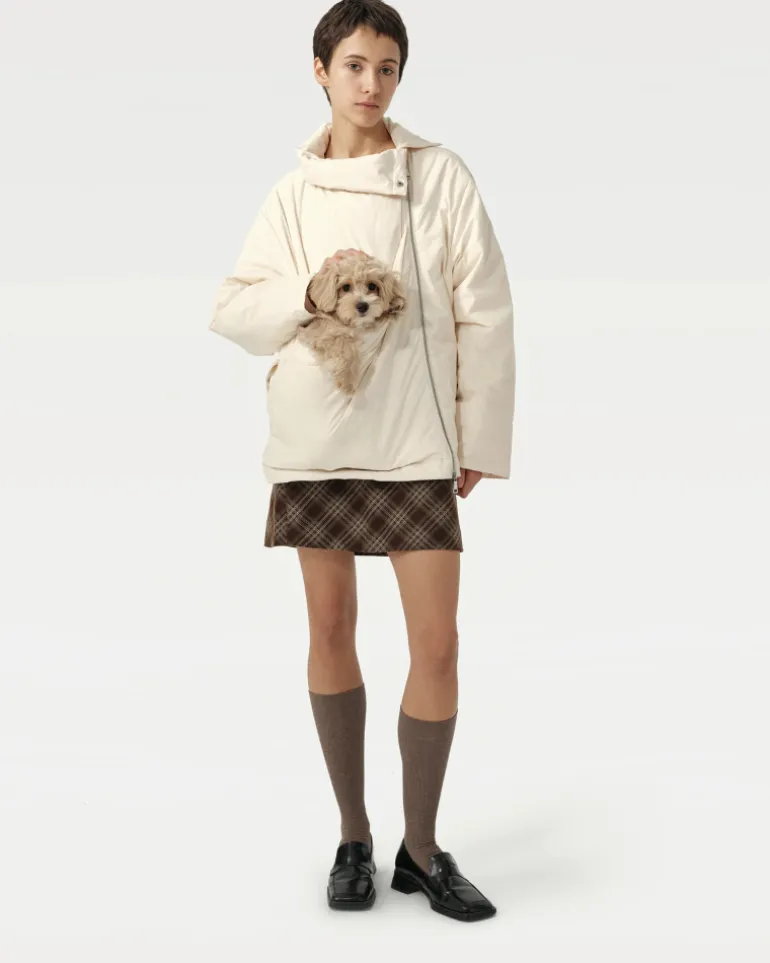 Unisex Asymmetric Puffer Jacket with Built-In Kangaroo Dog Pouch Carrier