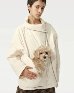 Unisex Asymmetric Puffer Jacket with Built-In Kangaroo Dog Pouch Carrier
