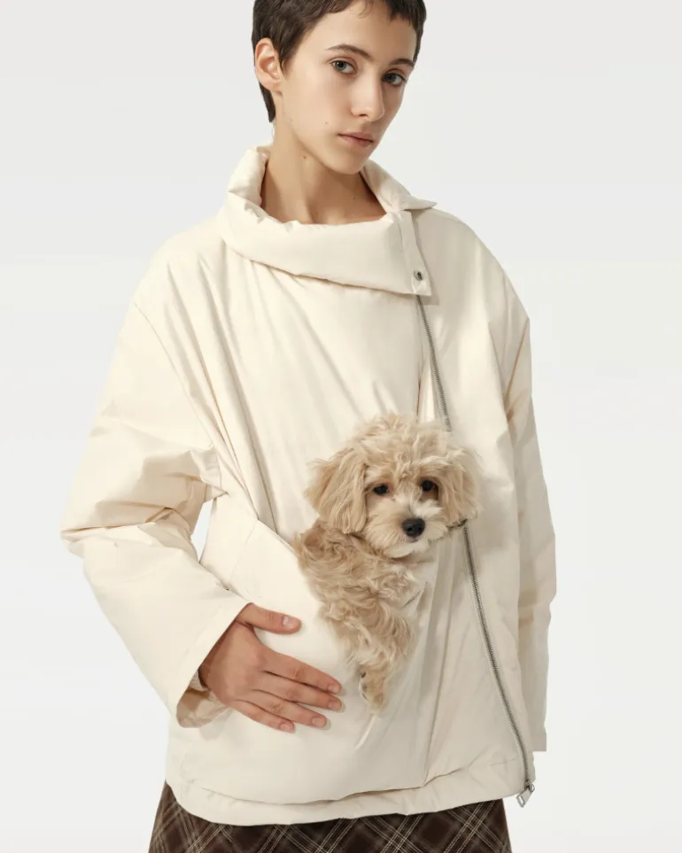 Unisex Asymmetric Puffer Jacket with Built-In Kangaroo Dog Pouch Carrier