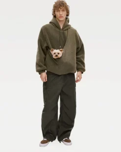 Unisex Fleece Hoodie with Built-In Kangaroo Pouch Dog Carrier in Olive