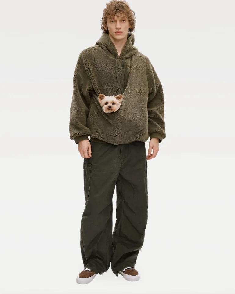 Unisex Fleece Hoodie with Built-In Kangaroo Pouch Dog Carrier in Olive